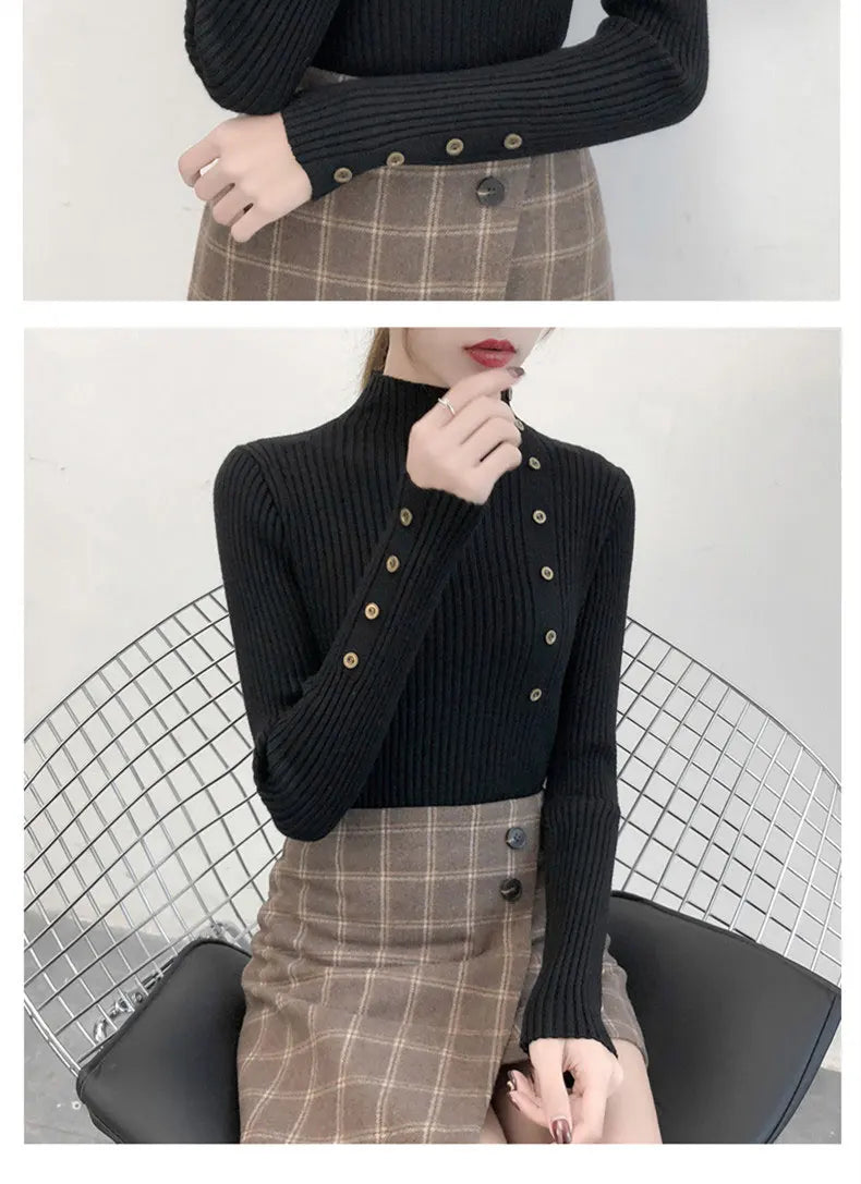 Women Autumn Knitted Slim Sweaters pullover button full sleeve Turtleneck
Pullovers Button Full Sleeve Turtleneck