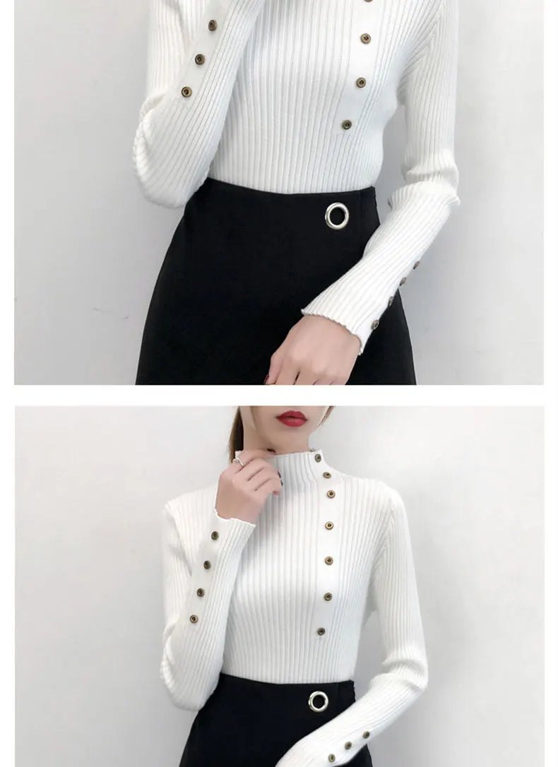 Women Autumn Knitted Slim Sweaters pullover button full sleeve Turtleneck
Pullovers Button Full Sleeve Turtleneck