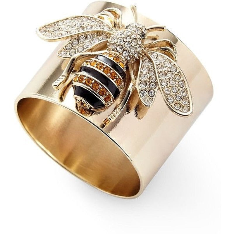 Exquisite Luxury Gold Colors Carved Bee Rings for Women Trendy Metal Inlaid White Stone Party Ring