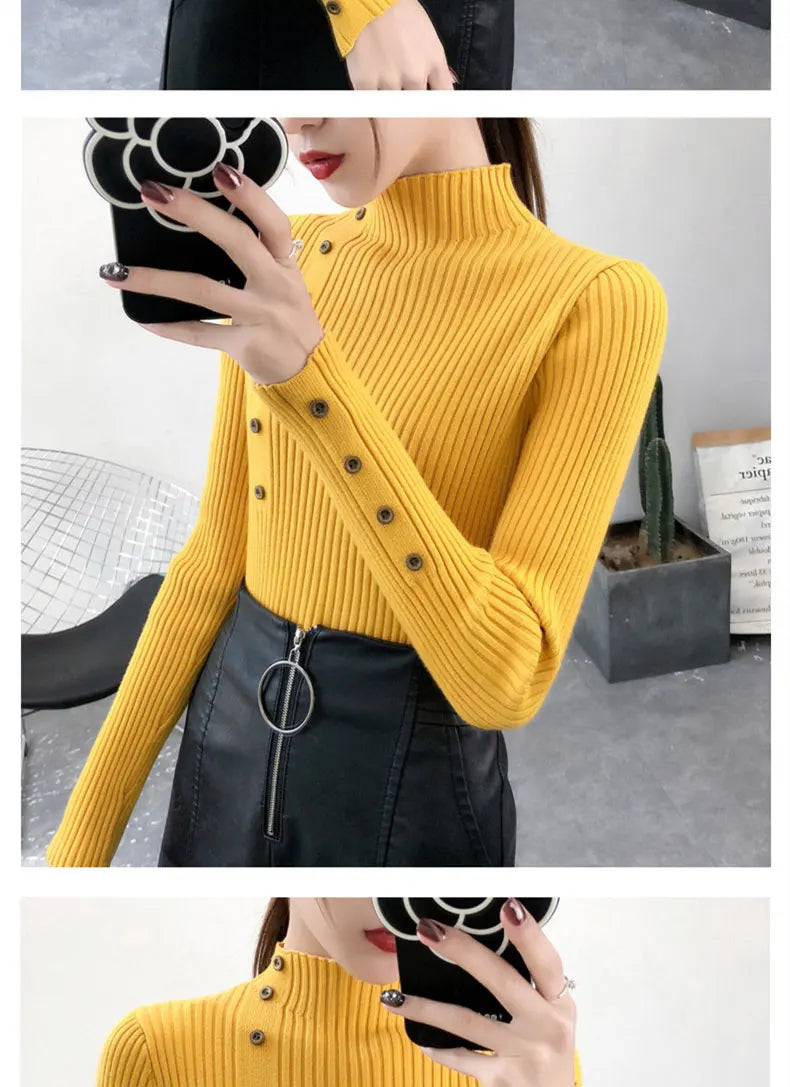 Women Autumn Knitted Slim Sweaters pullover button full sleeve Turtleneck
Pullovers Button Full Sleeve Turtleneck