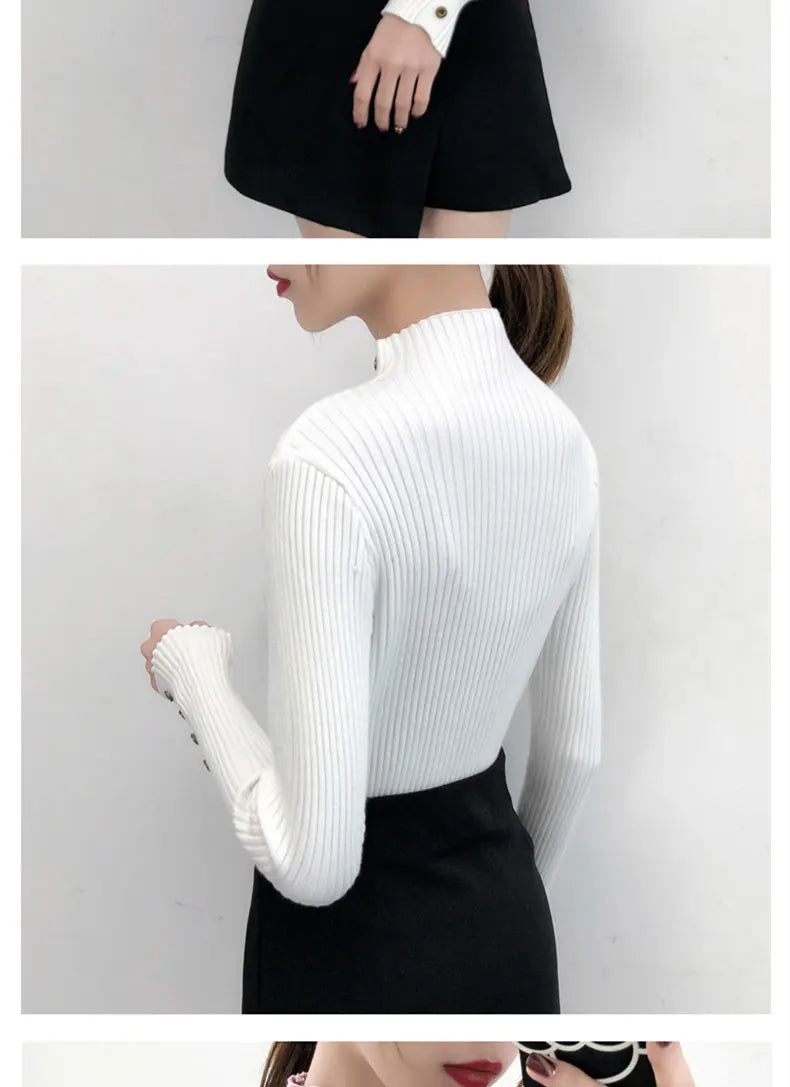 Women Autumn Knitted Slim Sweaters pullover button full sleeve Turtleneck
Pullovers Button Full Sleeve Turtleneck