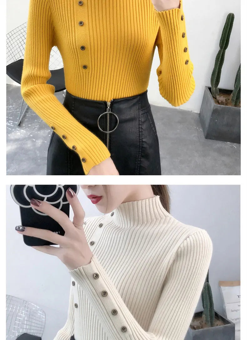 Women Autumn Knitted Slim Sweaters pullover button full sleeve Turtleneck
Pullovers Button Full Sleeve Turtleneck