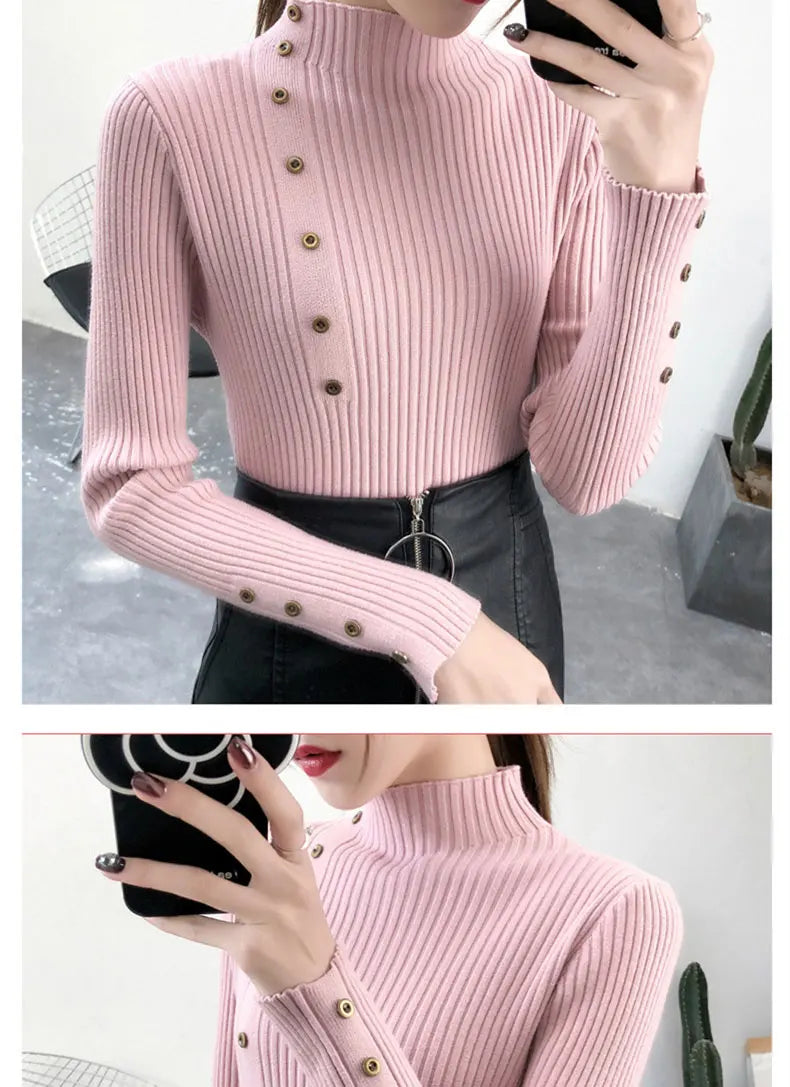 Women Autumn Knitted Slim Sweaters pullover button full sleeve Turtleneck
Pullovers Button Full Sleeve Turtleneck