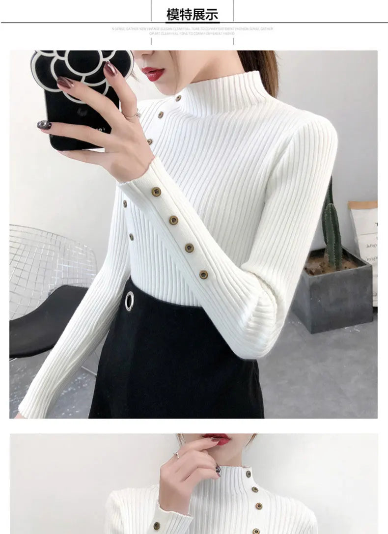 Women Autumn Knitted Slim Sweaters pullover button full sleeve Turtleneck
Pullovers Button Full Sleeve Turtleneck