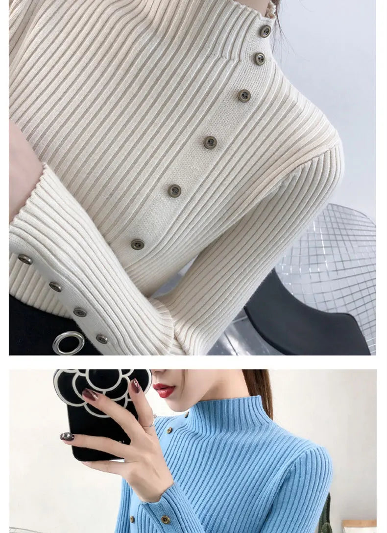 Women Autumn Knitted Slim Sweaters pullover button full sleeve Turtleneck
Pullovers Button Full Sleeve Turtleneck