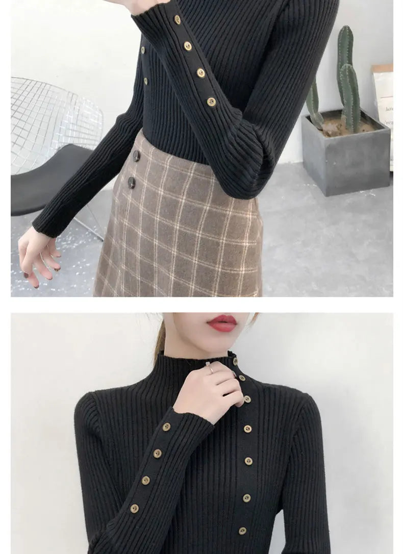 Women Autumn Knitted Slim Sweaters pullover button full sleeve Turtleneck
Pullovers Button Full Sleeve Turtleneck
