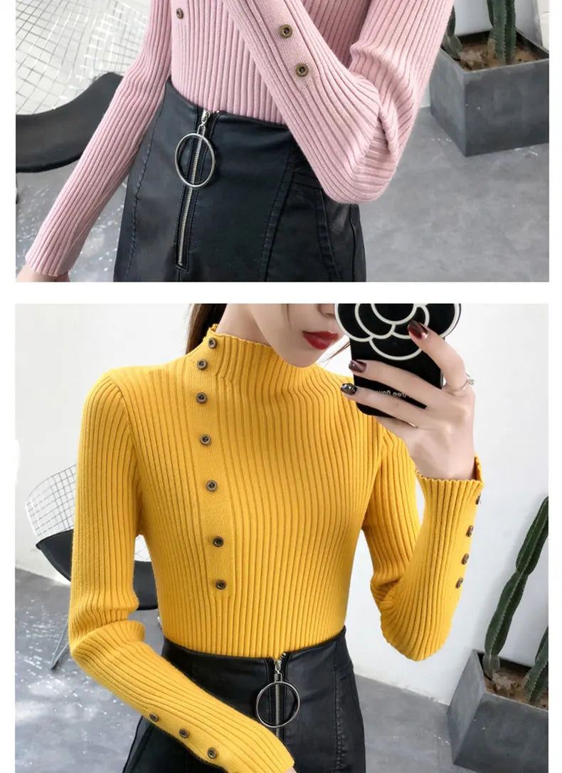 Women Autumn Knitted Slim Sweaters pullover button full sleeve Turtleneck
Pullovers Button Full Sleeve Turtleneck