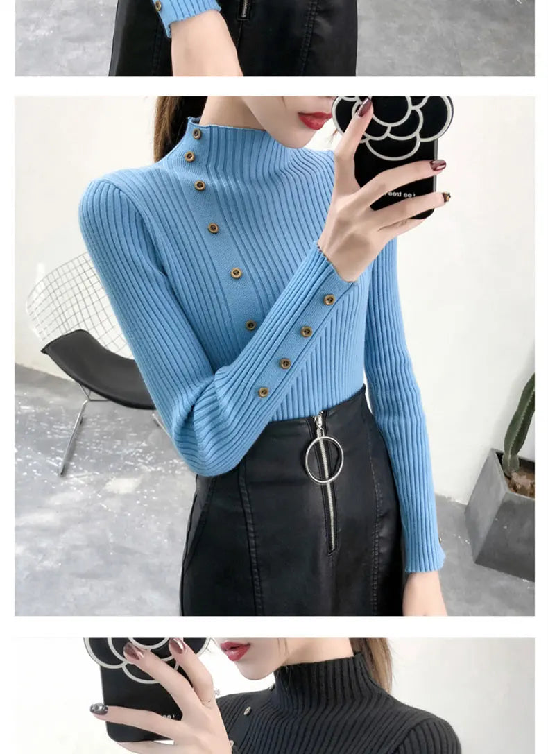 Women Autumn Knitted Slim Sweaters pullover button full sleeve Turtleneck
Pullovers Button Full Sleeve Turtleneck