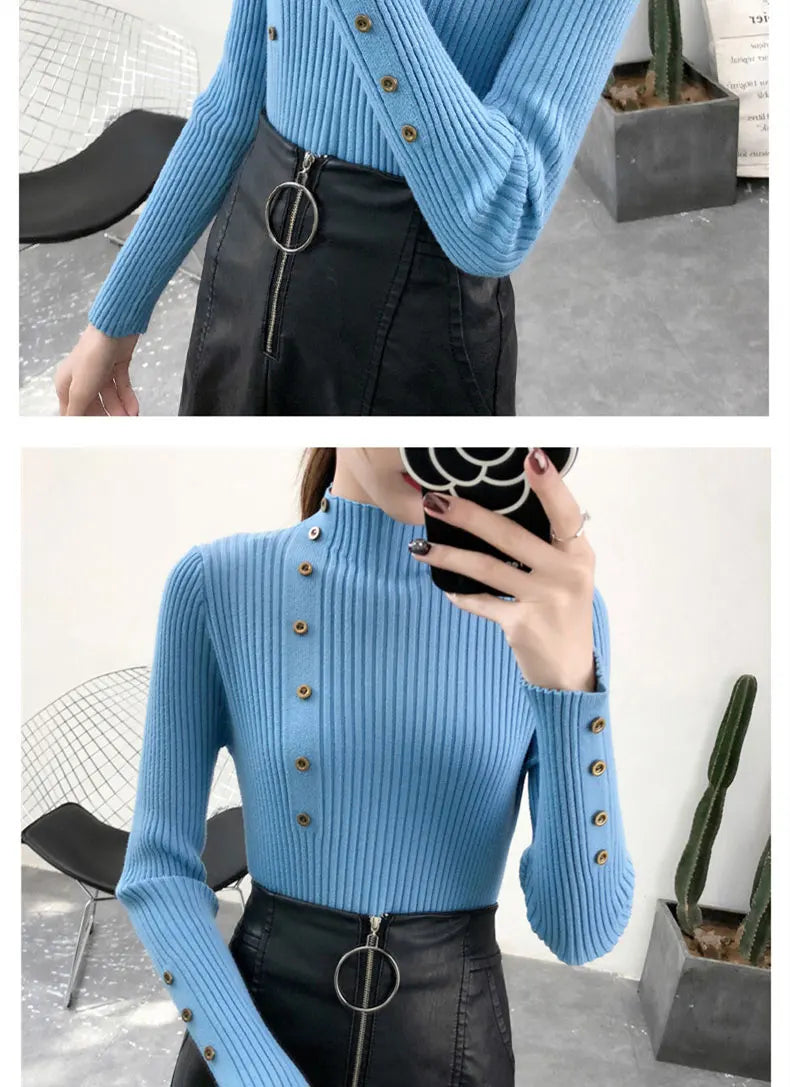 Women Autumn Knitted Slim Sweaters pullover button full sleeve Turtleneck
Pullovers Button Full Sleeve Turtleneck