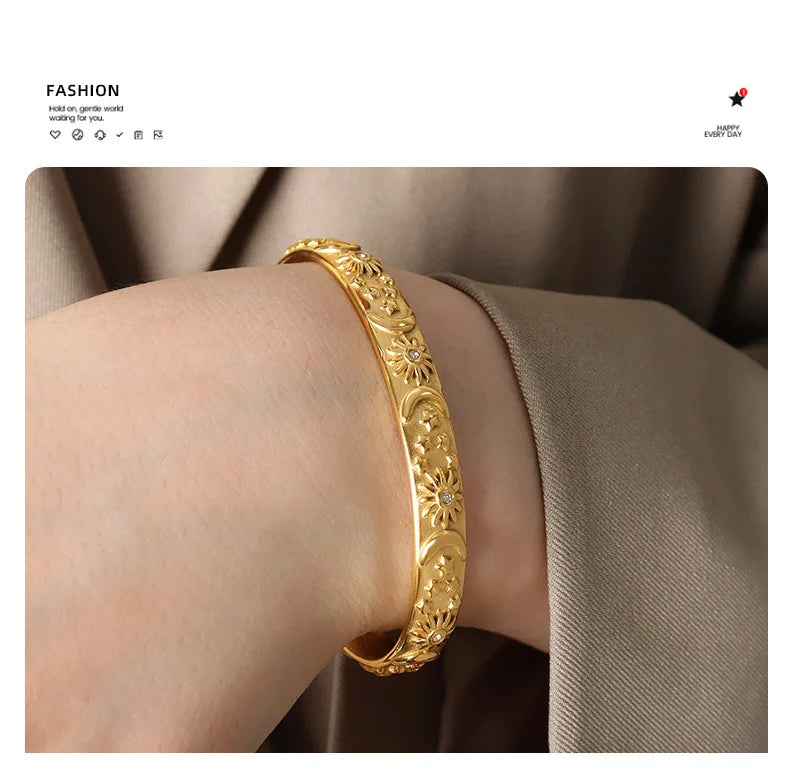 Sun Star Moon Cuff Bracelets Dangle Earrings For Women Stainless Steel Zircon Embossed Stereoscopic Women Wedding Jewelry Sets