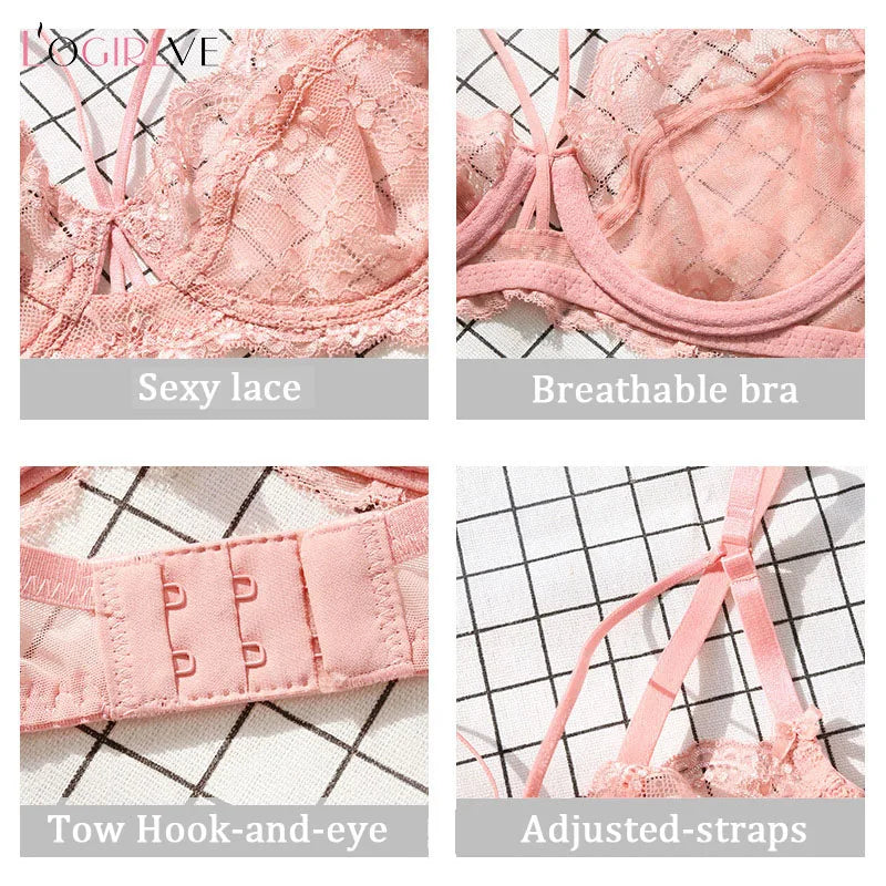 Logirlve Top Ultra-thin Underwear Set Push-up Bra And Panty Sets Hollow Brassiere Gather Sexy Bra
