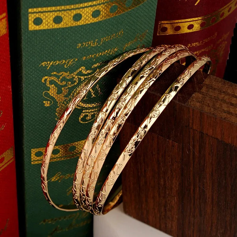 Herseygold Slim Metal Bangles Gold Plated Carved Flower Layered Cuff Bracelet Luxury Bride Jewelry