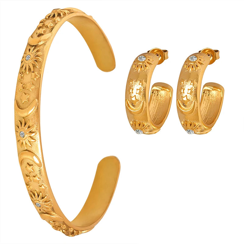 Sun Star Moon Cuff Bracelets Dangle Earrings For Women Stainless Steel Zircon Embossed Stereoscopic Women Wedding Jewelry Sets