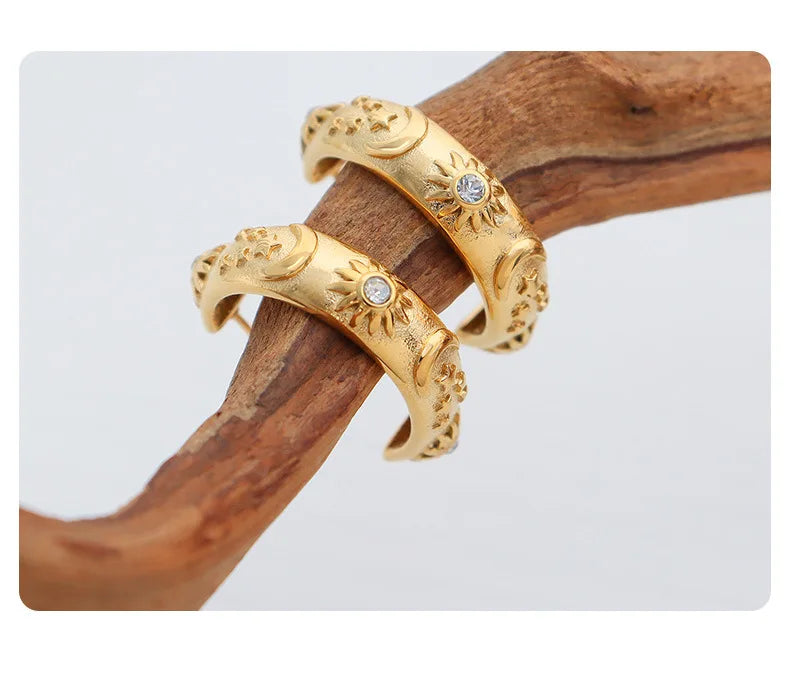 Sun Star Moon Cuff Bracelets Dangle Earrings For Women Stainless Steel Zircon Embossed Stereoscopic Women Wedding Jewelry Sets