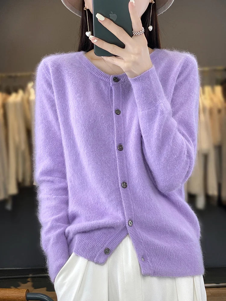 Aliselect Women Cardigan Super Warm Pure Mink Cashmere Sweaters O-neck Loose Female Clothes Ladies' Solid Color Knitwear Tops