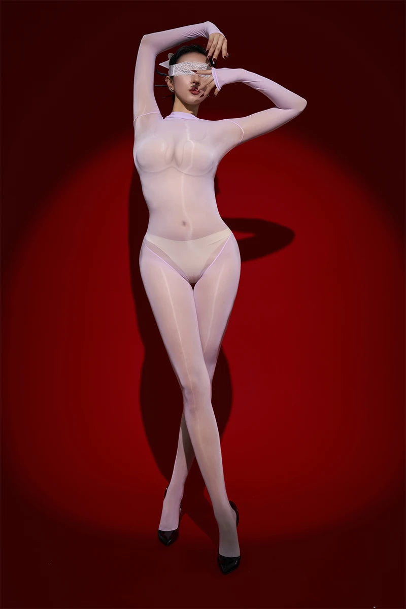 Sexy Cosplay Maid Tights Oil Glossy Elastic Bodysuit Sheer See Through Rompers One-Piece Thong Jumpsuits Leotard Candy Color