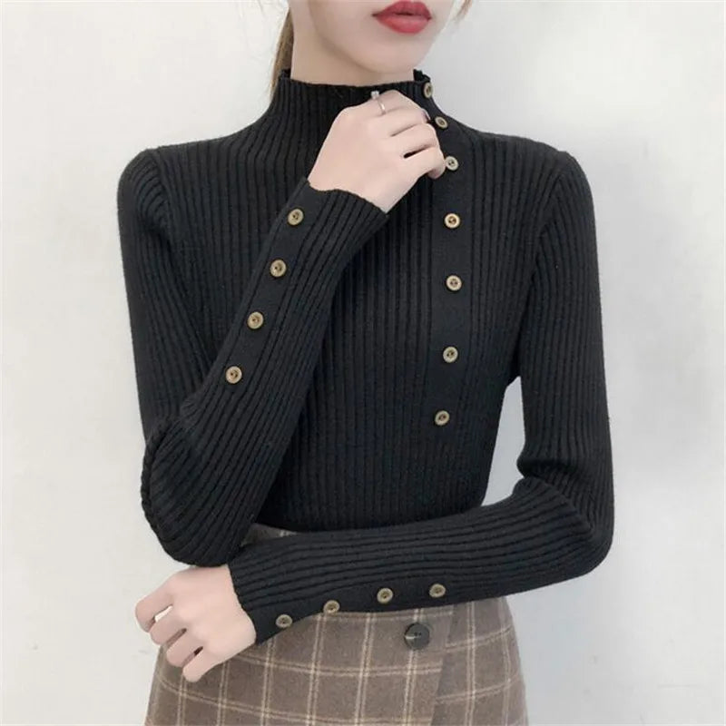 Women Autumn Knitted Slim Sweaters pullover button full sleeve Turtleneck
Pullovers Button Full Sleeve Turtleneck