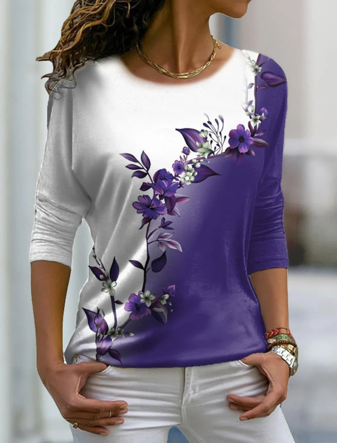 Versatile long sleeved women's T-shirt with floral pattern printed
O-Neck Bohemian multi-color top