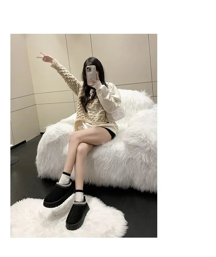 Winter New Cashmere Warm Thick Soles Without Heel-covered Hair Half Slipper Cotton Shoes for Women