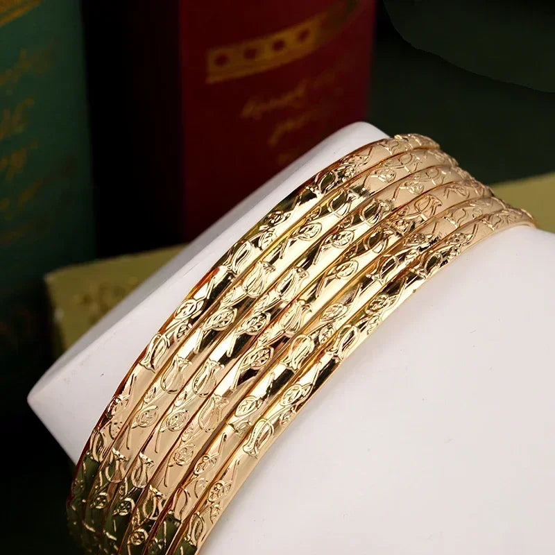 Herseygold Slim Metal Bangles Gold Plated Carved Flower Layered Cuff Bracelet Luxury Bride Jewelry