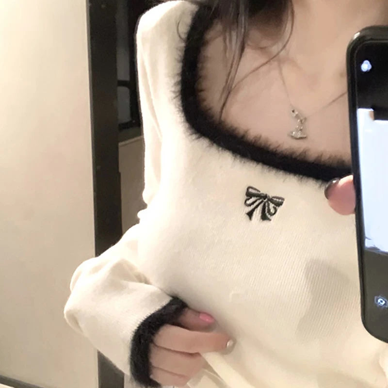 HELIAR Women Butterfly Embroidered T-shirts Square Neck Long Sleeve Patchwork Y2K T-Shirts Casual Tees Women 2024 Autumn Winter
