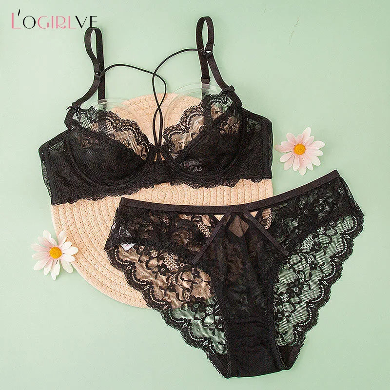Logirlve Top Ultra-thin Underwear Set Push-up Bra And Panty Sets Hollow Brassiere Gather Sexy Bra