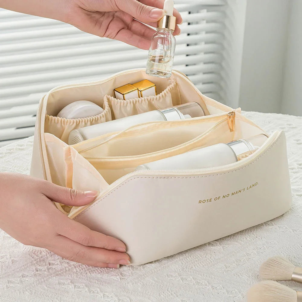 Large Travel Cosmetic Bag for Women Leather Makeup Organizer Female Toiletry Kit Bags Make Up Case