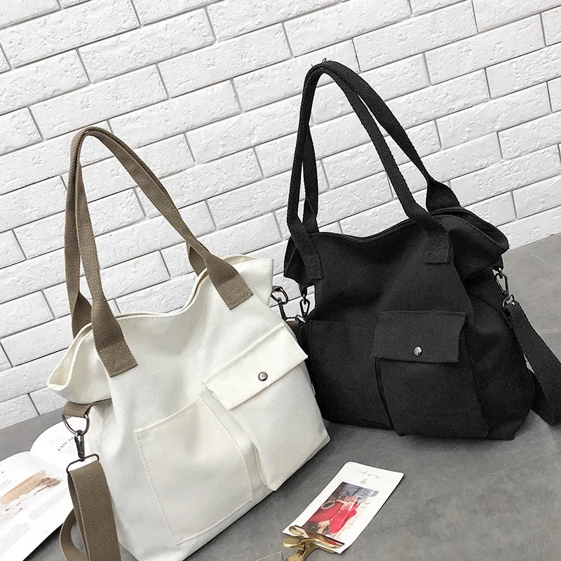 Fashion Canvas Bags students Handbag Shoulder Bag Large Capacity Solid Color Totes Shopper Bag