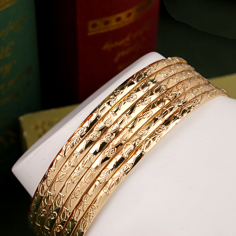 Herseygold Slim Metal Bangles Gold Plated Carved Flower Layered Cuff Bracelet Luxury Bride Jewelry