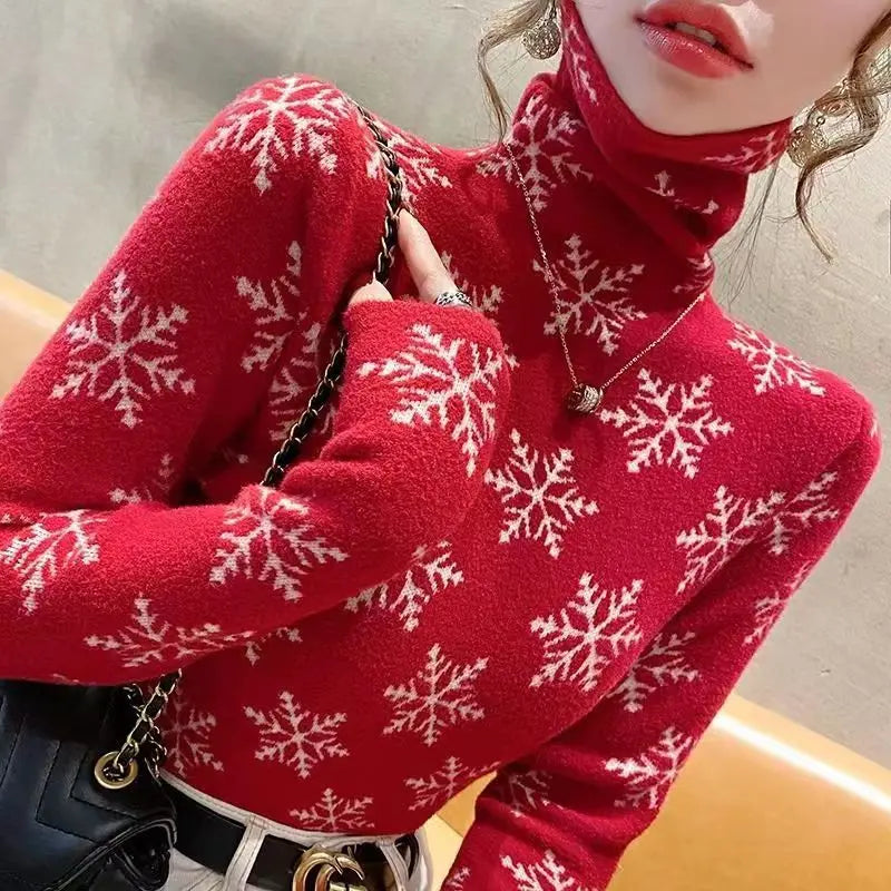 Women
Snowflake Knitted High Neck Sweater Spring Slim Fashion Chic Turtleneck Fashion Pullover Top