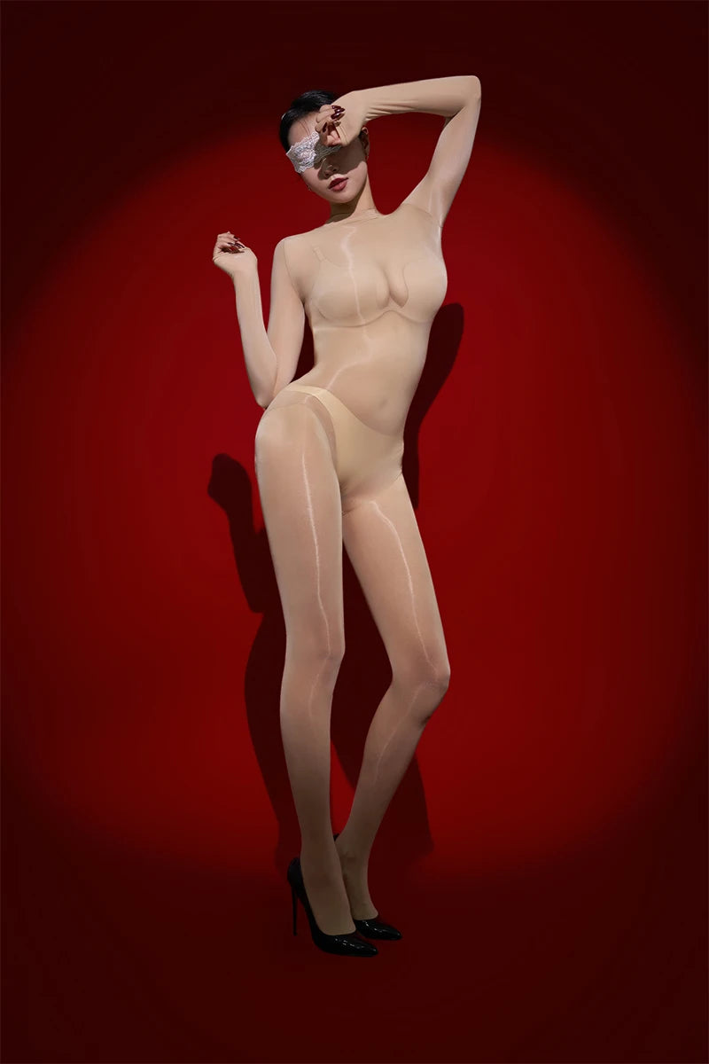 Sexy Cosplay Maid Tights Oil Glossy Elastic Bodysuit Sheer See Through Rompers One-Piece Thong Jumpsuits Leotard Candy Color