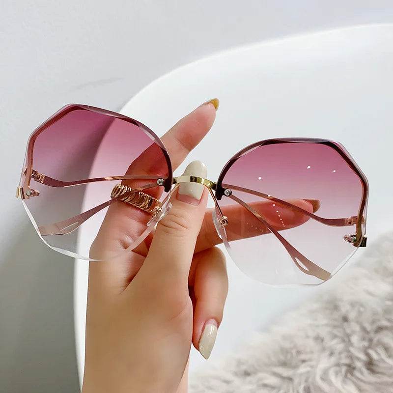 Luxury Round Gradient Sunglasses Women Metal Curved Temples Eyewear Ocean Rimless Fashion Sun Glasses