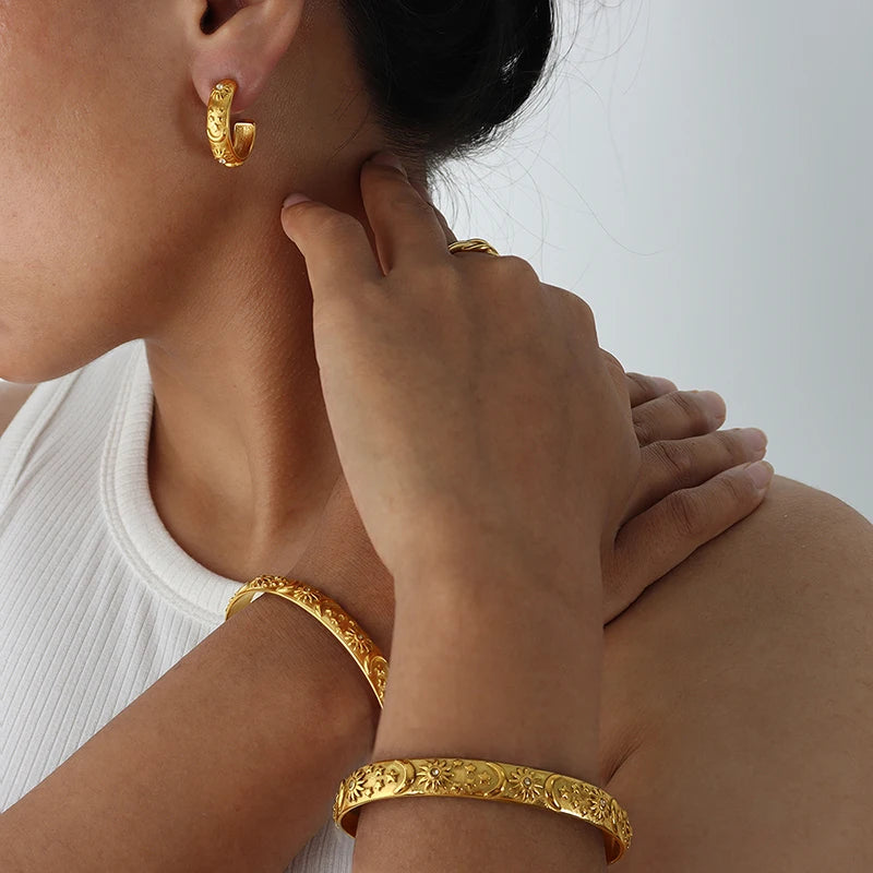 Sun Star Moon Cuff Bracelets Dangle Earrings For Women Stainless Steel Zircon Embossed Stereoscopic Women Wedding Jewelry Sets