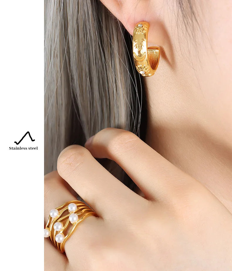 Sun Star Moon Cuff Bracelets Dangle Earrings For Women Stainless Steel Zircon Embossed Stereoscopic Women Wedding Jewelry Sets
