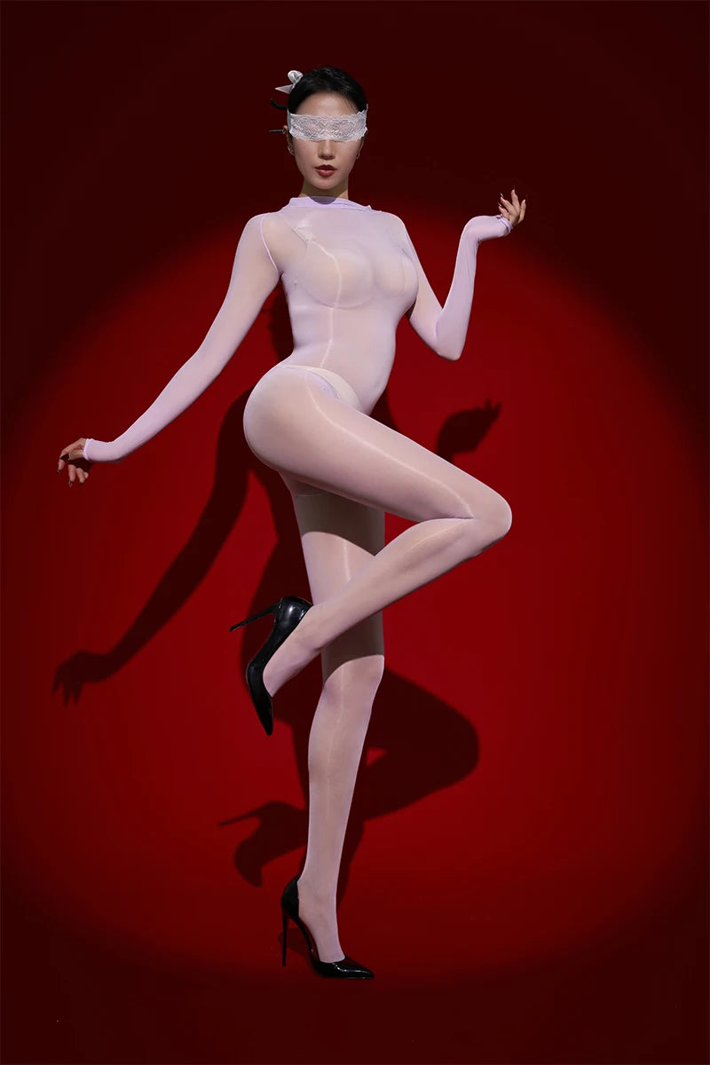 Sexy Cosplay Maid Tights Oil Glossy Elastic Bodysuit Sheer See Through Rompers One-Piece Thong Jumpsuits Leotard Candy Color