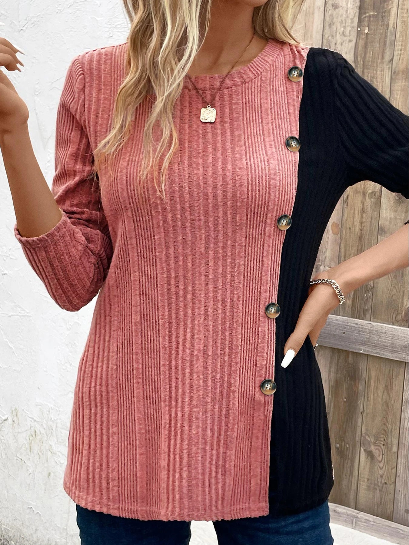 Ribbed Colorblock Button Decor T-Shirt,Casual Long Sleeve Top
,Women's Clothing