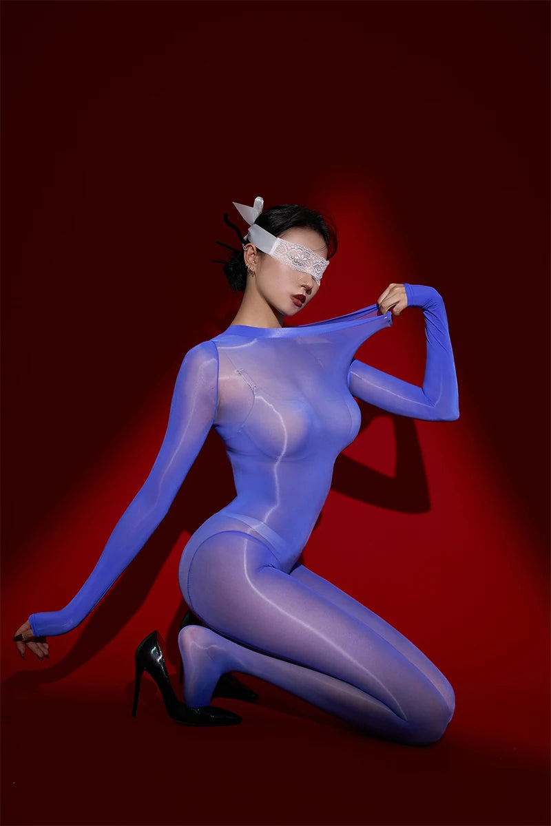 Sexy Cosplay Maid Tights Oil Glossy Elastic Bodysuit Sheer See Through Rompers One-Piece Thong Jumpsuits Leotard Candy Color