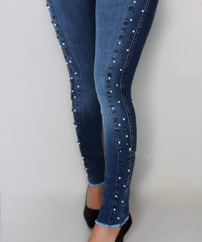 New Jeans Women Dark Blue High Waist Beaded High Stretch Denim Pencil Pants