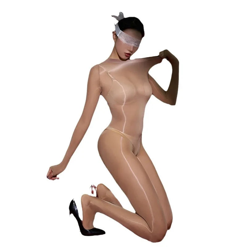 Sexy Cosplay Maid Tights Oil Glossy Elastic Bodysuit Sheer See Through Rompers One-Piece Thong Jumpsuits Leotard Candy Color