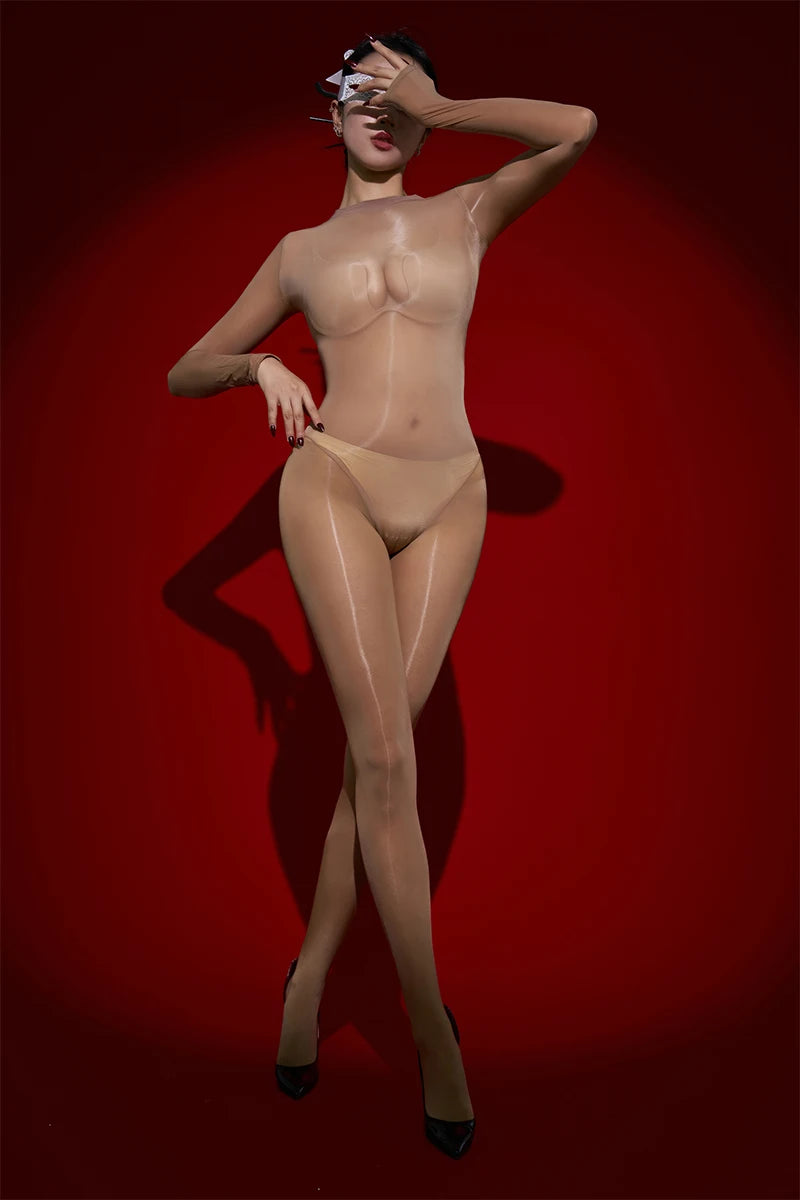 Sexy Cosplay Maid Tights Oil Glossy Elastic Bodysuit Sheer See Through Rompers One-Piece Thong Jumpsuits Leotard Candy Color