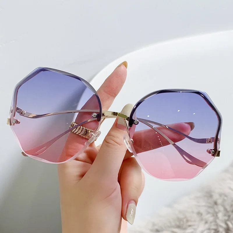 Luxury Round Gradient Sunglasses Women Metal Curved Temples Eyewear Ocean Rimless Fashion Sun Glasses