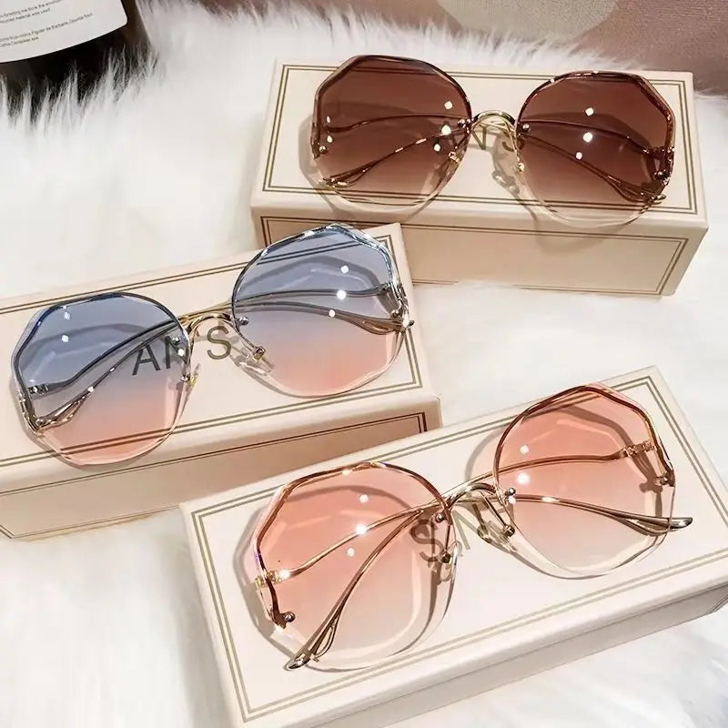 Luxury Round Gradient Sunglasses Women Metal Curved Temples Eyewear Ocean Rimless Fashion Sun Glasses