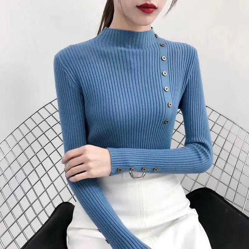 Women Autumn Knitted Slim Sweaters pullover button full sleeve Turtleneck
Pullovers Button Full Sleeve Turtleneck