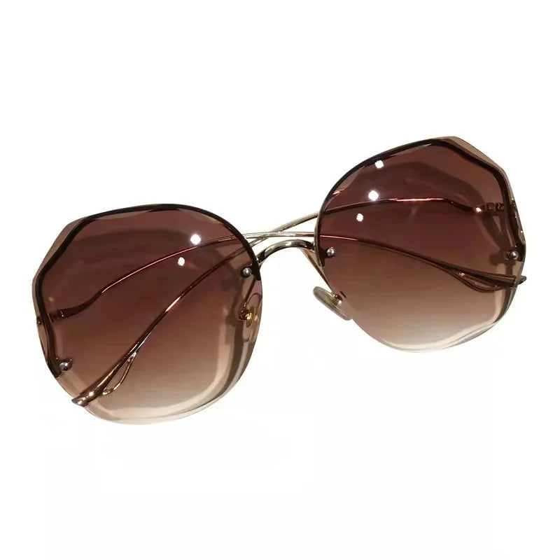 Luxury Round Gradient Sunglasses Women Metal Curved Temples Eyewear Ocean Rimless Fashion Sun Glasses