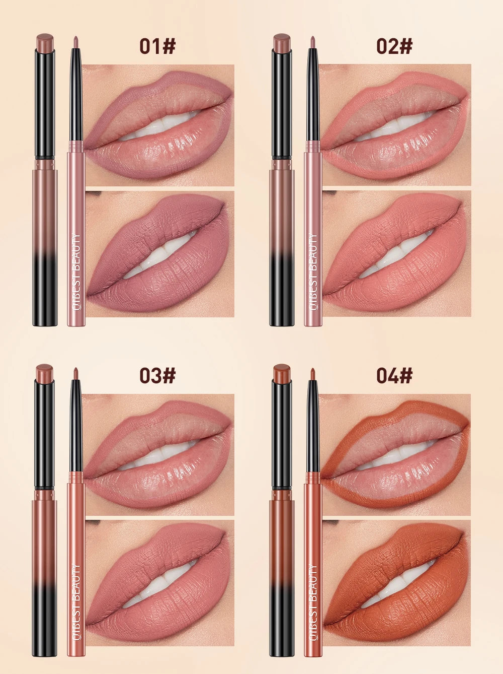 QIBEST 2pcs Lipstick Lipliner Pen Set Matte Nude Lip Liner Pencil Waterproof Long Lasting Lipstick Pen Contour Makeup For Women