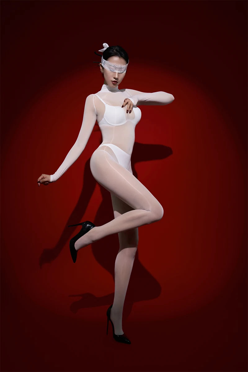 Sexy Cosplay Maid Tights Oil Glossy Elastic Bodysuit Sheer See Through Rompers One-Piece Thong Jumpsuits Leotard Candy Color