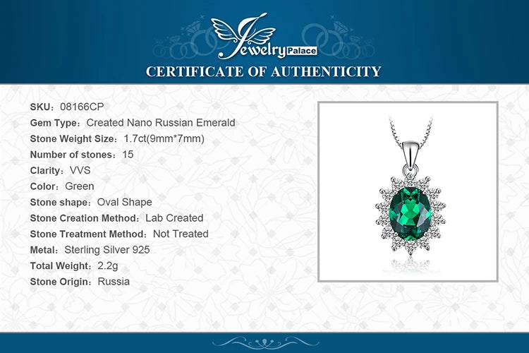 JewelryPalace Princess Diana Created Blue Sapphire Ruby Simulated Emerald 925 Sterling Silver Pendant Necklace Women No Chain