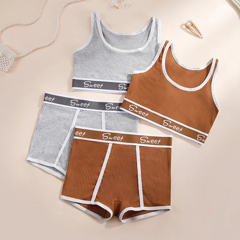 Women Seamless Underwear Set Fitness Pure Cotton Underwear Wide-brimmed Letter Sports Vest Middle Waist Boxer Briefs Bra Set