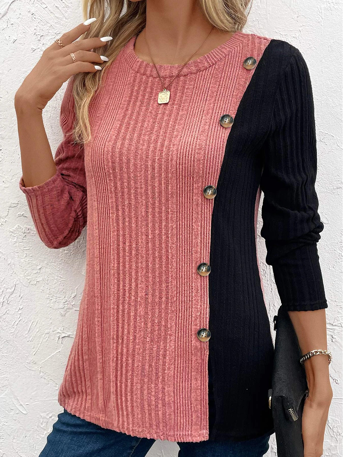 Ribbed Colorblock Button Decor T-Shirt,Casual Long Sleeve Top
,Women's Clothing