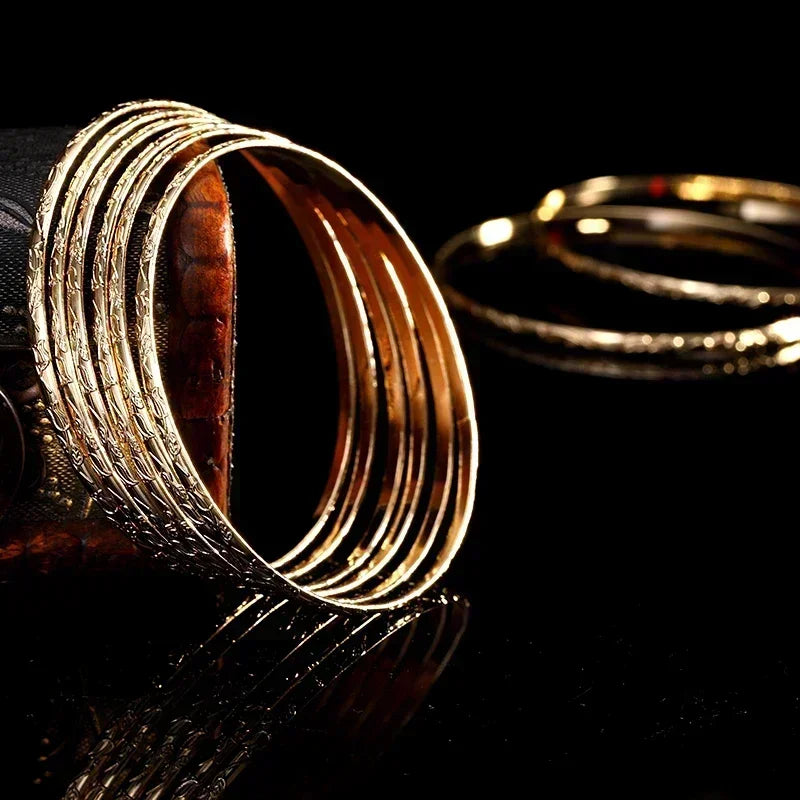 Herseygold Slim Metal Bangles Gold Plated Carved Flower Layered Cuff Bracelet Luxury Bride Jewelry